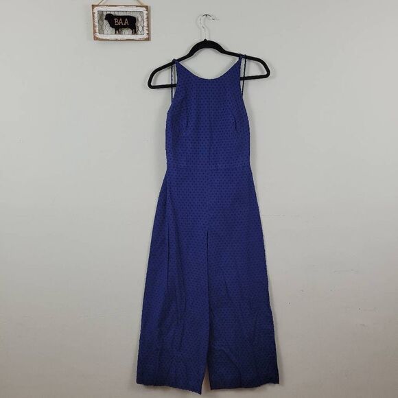 Club Monaco Navy Blue Swiss Dot Wide Leg‎ Jumpsuit Sz 0 Open Adjustable Back - Picture 1 of 10